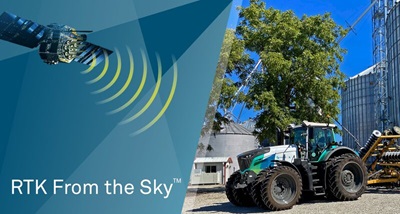 A demonstration of a satellite sending a signal to a tractor to signify RTK From the Sky technology. 